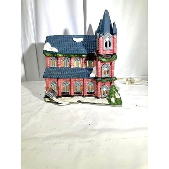 Vintage Christmas Village Lighted Double Spire Porcelain Church Removable Co - Picture 4 of 8